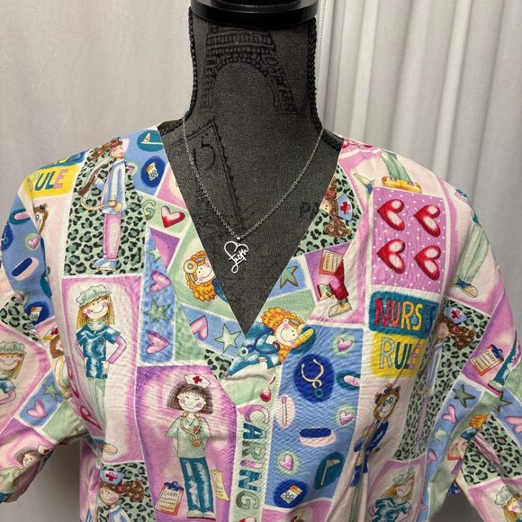 White Swan Scrub Top Womens Size XL Nurses Rule Cartoon Short Sleeve V-Neck - Picture 2 of 9